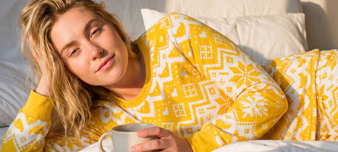 Kvinde i gul mønstret pyjamas ligger afslappet i sengen med en kop kaffe i morgensolen