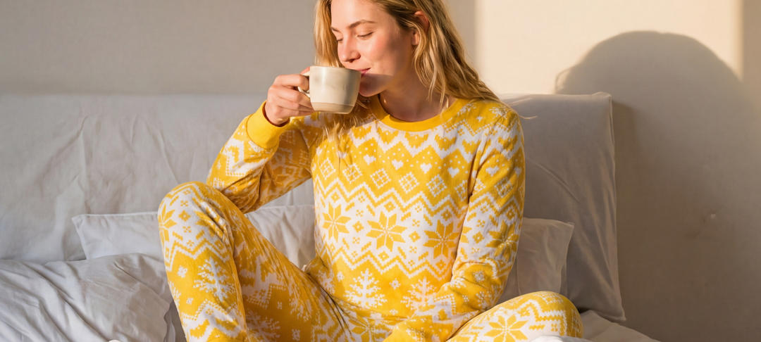 Kvinde i gul mønstret pyjamas sidder i sengen og drikker en kop varm drik på en doven fridag