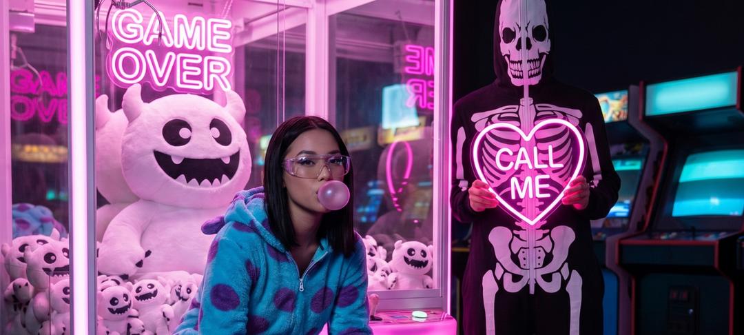 Kvinde med tyggegummiboble og person i skeletkostume holder neon-hjerte i pink spillehal med Game Over-skilt