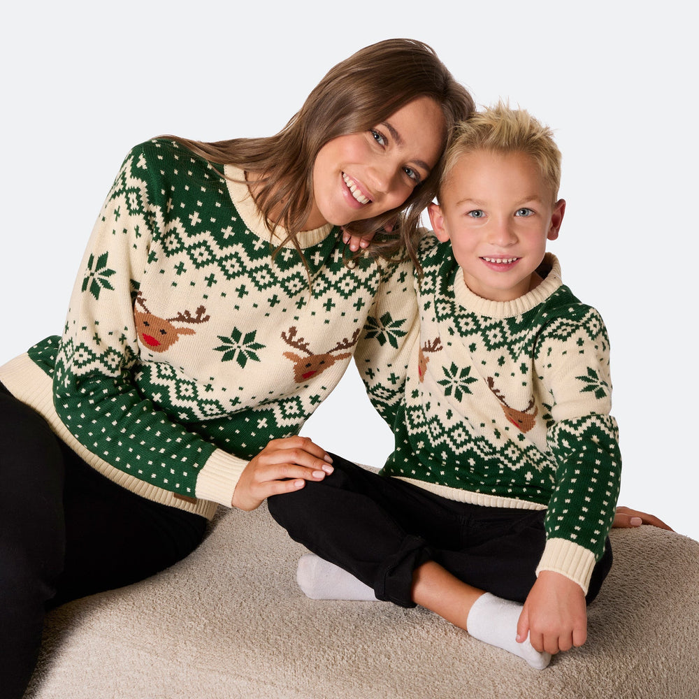 Retro Rensdyr Grøn Julesweatre til Hele Familien